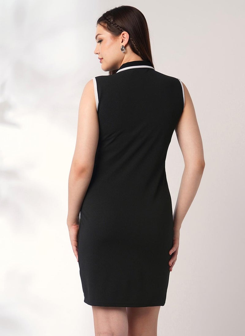 Globus Women Black Collared Neck Front Zip Pocket Detail Solid Mini Bodycon Dress - Image 4